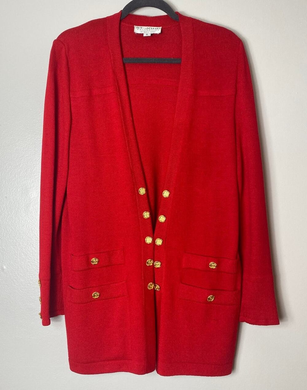 VINTAGE ST JOHN CARDIGAN JACKET SMALL RED KNIT FESTIVE HOLIDAYS CHRISTMAS